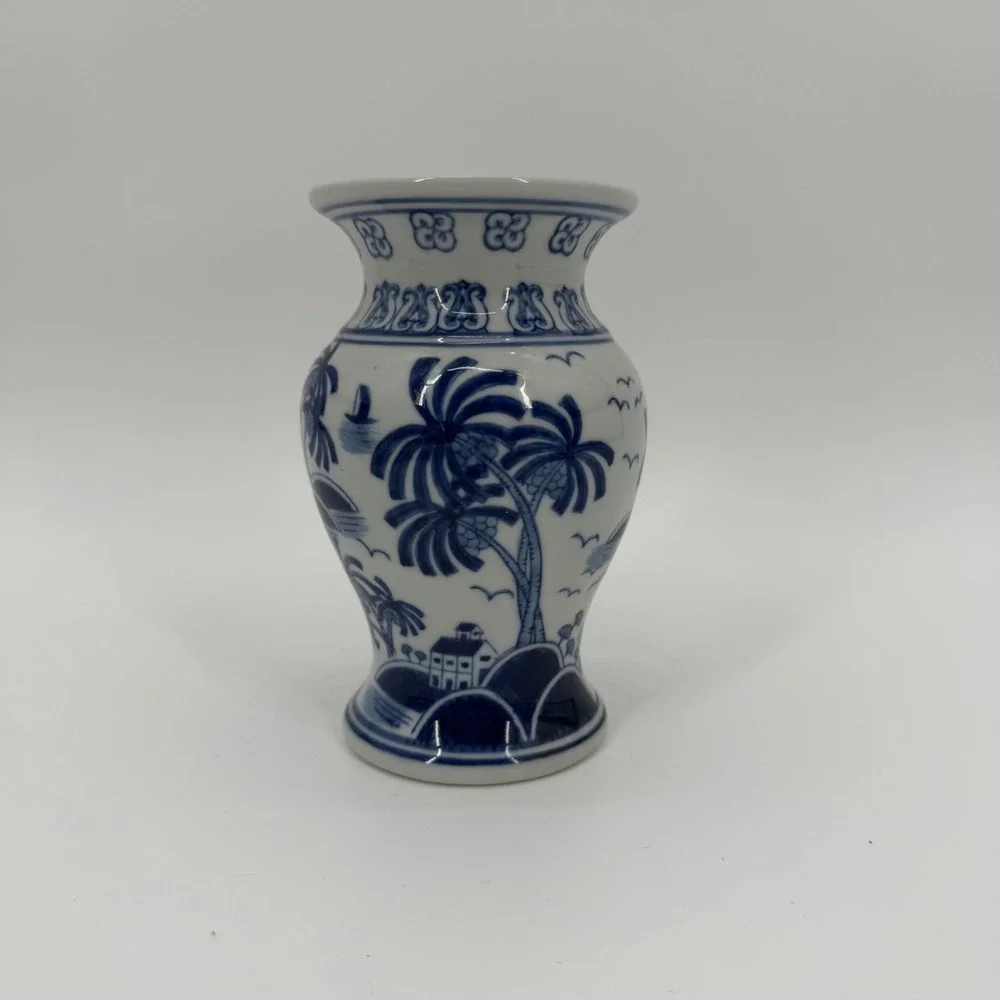 Blue and White Porcelain Bud Vase Palm Tree Tropical Coastal Decor 5.5 Inch